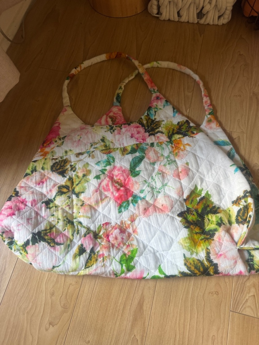 HEMANT & NANDITA White Quilted Tote with Pink, Green & Orange Floral Print - Picture 3 of 6